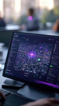 Map display on computer screen for urban navigation and data analysis in technology environment photo