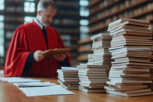 Stack of books with person in robe in background knowledge learning concept photo