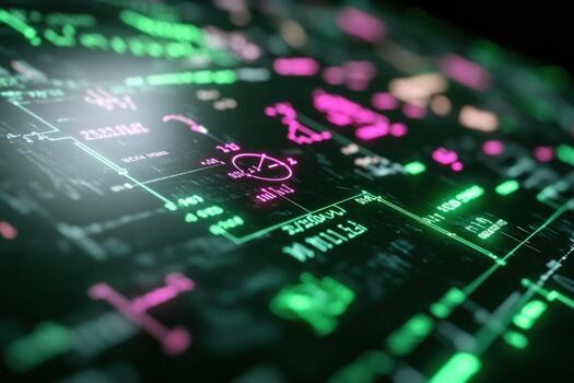 Abstract network of glowing data visualization with geometric elements and alphanumeric characters photo