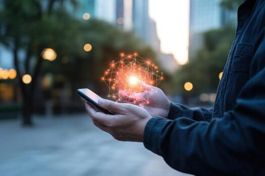 Digital network interface connecting through mobile device for modern communication photo