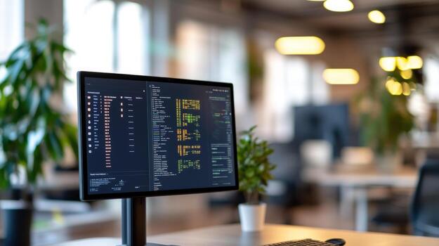 Coding on computer screen in modern office technology and workplace productivity photo