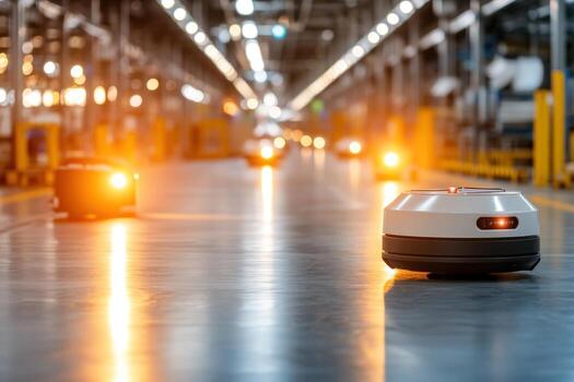 Automated guided vehicles navigating in modern industrial factory setting for smart manufacturing and automation photo