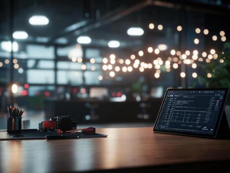 Digital tablet displaying data chart in modern office workspace photo