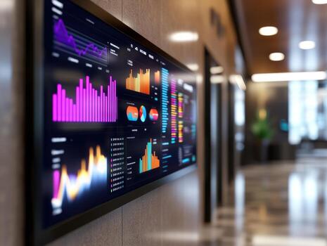 Flat screen displaying data visualization charts and graphs in a modern corridor photo