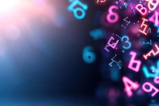 Abstract floating numbers and letters with neon glow on dark background for modern digital communication photo