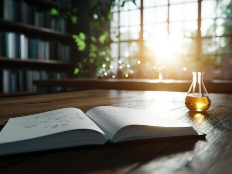 Science and knowledge conceptual still life with open notebook and flask photo