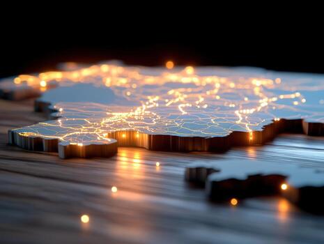 Illuminated topographic map on wood surface showing global connectivity and data networks photo