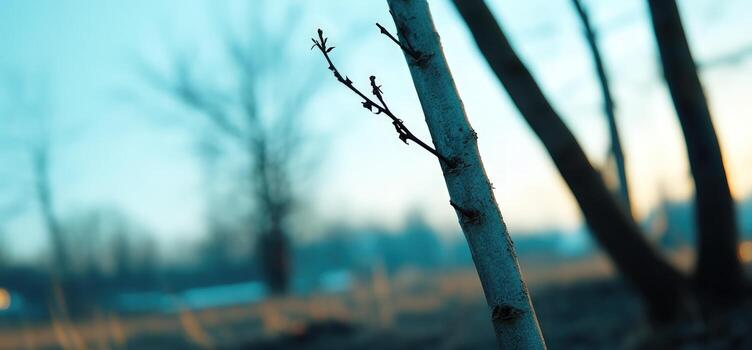 Tree trunk and bare branches silhouette in soft morning or evening light natural outdoor scene photo