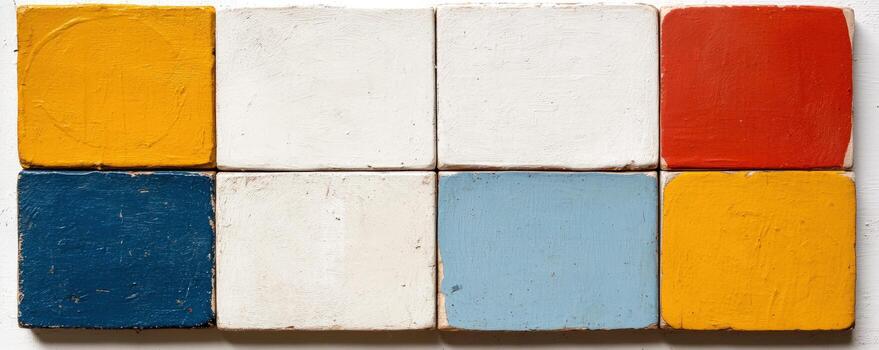 Vibrant array of colored blocks in grid pattern distressed texture overhead view art education background photo