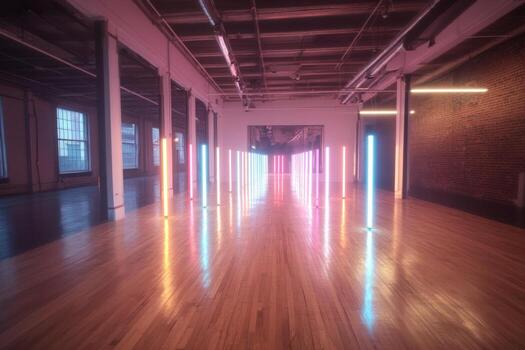 Illuminated vertical bars in empty room colorful light and shadow reflection on wooden floor modern abstract background photo