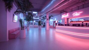 Modern building interior with pink and purple neon lighting minimalist design palm trees photo