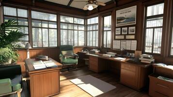 Classic interior office with natural lighting workspace and traditional furniture design photo