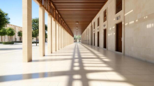 Open air corridor with columns and geometric shadows on light tile floor architecture photo