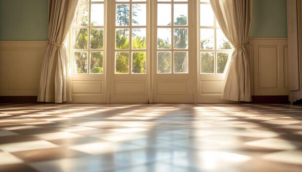 Sunlit empty room with large windows and checkered floor bathed in warm natural light creating geometric shadow patterns and bright reflections photo