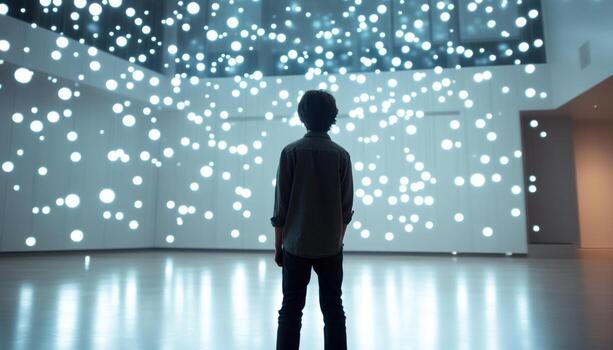Child standing in modern exhibition hall watching abstract glowing light particles creating futuristic data network pattern on wall and ceiling photo