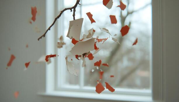 resumen composición de destrozado piezas que cae cerca un ventana con un árbol rama foto