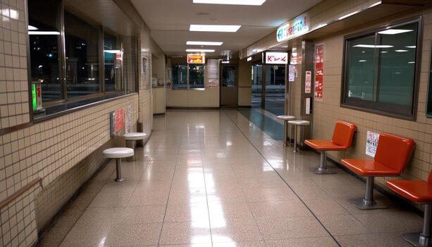 Empty public building hallway with functional seating and clean tiled surfaces illuminated by overhead lights photo
