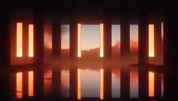 Abstract architectural space with glowing vertical light pillars reflecting on a dark wet surface atmospheric misty background light glow photo