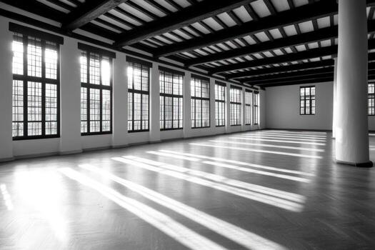 Empty spacious room interior with sunlight patterns on polished floor through large grid windows and exposed ceiling beams monochrome architecture photo