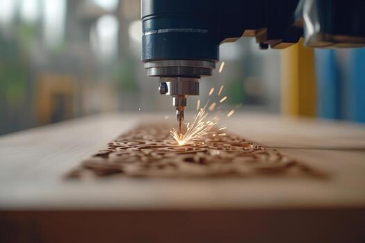 Automated cnc machine precisely cutting wood pattern with sparks in manufacturing setting photo