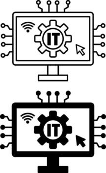 Information Technology Icons. Black and White Illustrations. Computer, Gear, Wi-Fi, and Computer Mouse Cursor. Data Collection, Processing, and Transfer to Get Information vector