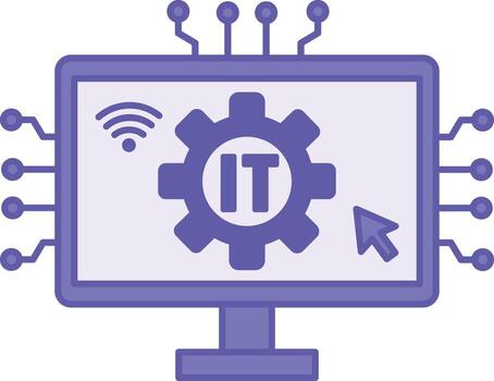 Colored Information Technology Icon. Illustration. Computer, Gear, Wi-Fi, and Computer Mouse Cursor. Data Collection, Processing, and Transfer to Get Information vector
