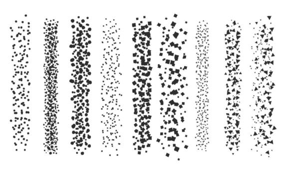 Ink scatter brush, stipple drawing and texturing. Fading gradient. Stippling, dotwork drawing, shading using dots. Halftone disintegration effect. White noise grainy texture vector