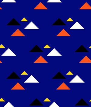 resumen geométrico vistoso sin costura modelo con triangulos grupo en rojo negro blanco y amarillo en azul fondo, mínimo ilustración de moda diseño vector