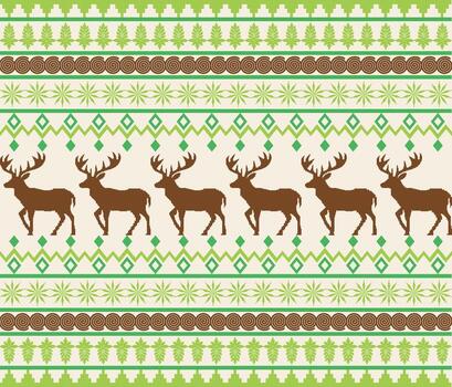 Christmas and New Year seamless pattern with deer snowflake and geometric shapes on green and brown background for ugly sweaters, jumpers. wallpaper, paper vector