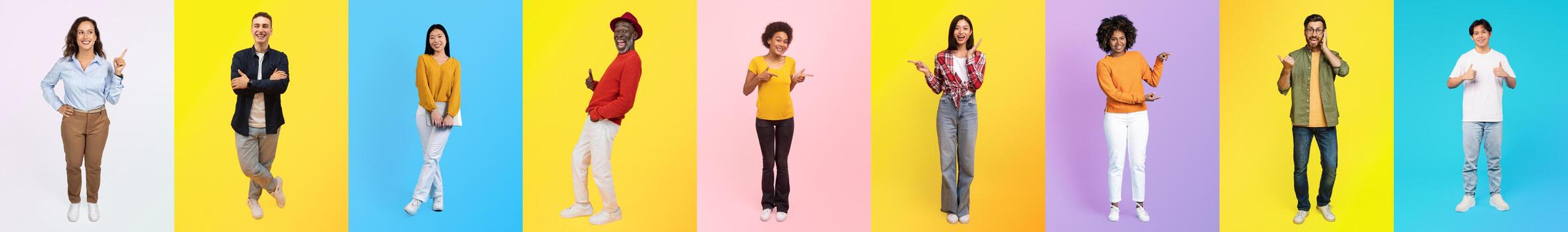 Various individuals of different backgrounds stand against colorful backgrounds, showcasing unique styles and lifestyles while expressing joy and unity in a vibrant collage setting. photo