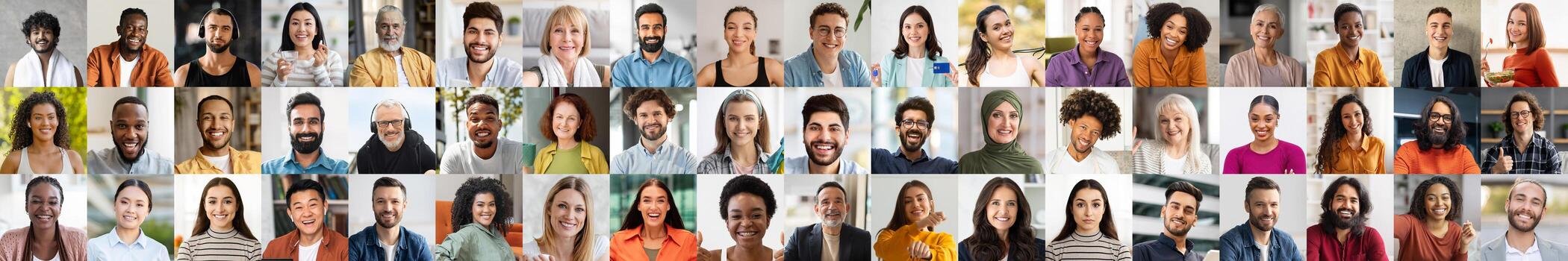 A vibrant collection of diverse individuals showcases a range of smiles and expressions. Viewed in a bright, lively setting, the happy faces reflect unity and multiethnic connections. photo