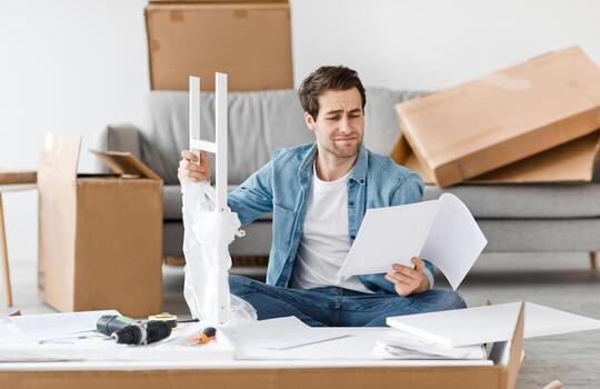 Difficulties and problems in assembling of new furniture at home without master. Confused young male hold details for table, reading instructions in living room with tools and boxes, copy space photo