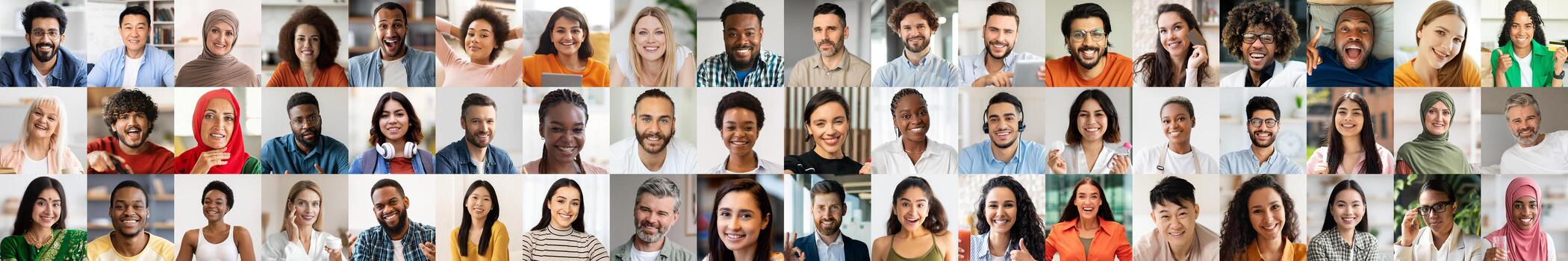 A colorful collection of happy, diverse faces showcases the richness of human emotion and connection. Each person reflects a unique background, celebrating unity in diversity and positivity. photo