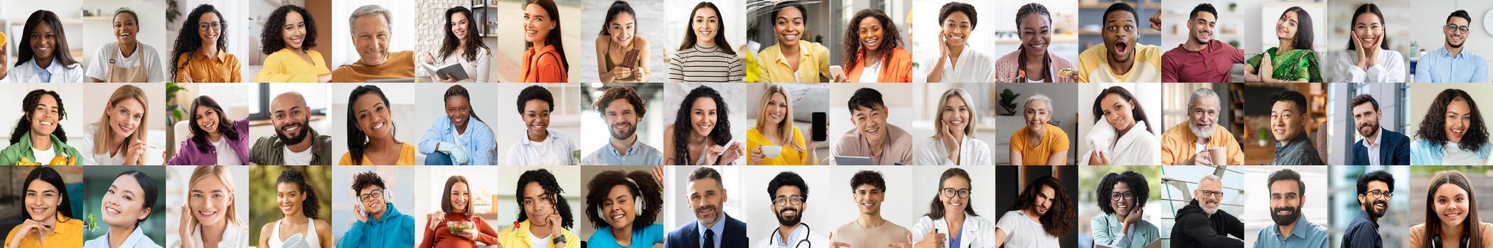 This collection highlights a diverse group of people smiling and engaging with one another. It captures a joyful atmosphere, celebrating diversity and unity among different backgrounds. photo