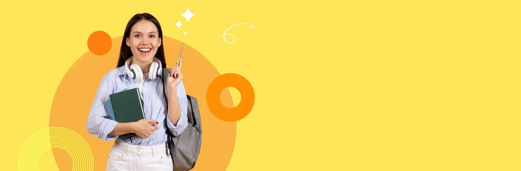 A cheerful student stands confidently with a backpack and books, holding a pointer. She is surrounded by a vibrant, modern background that reflects a dynamic educational environment. photo