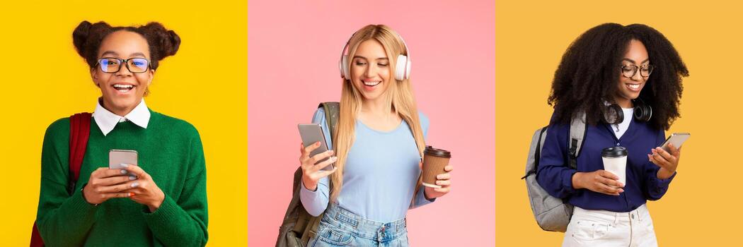 Three diverse students are happily using their smartphones in a colorful set. They represent different backgrounds and enjoy the educational experience together while showcasing modern technology. photo