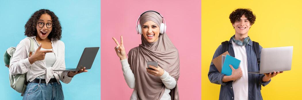 Students from various backgrounds actively use laptops and phones in a vibrant setting. Each person displays different expressions while showcasing modern educational tools. photo
