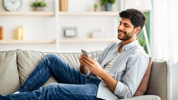 Mobile communication concept. Happy arab man using cellphone, browsing internet and networking in social media app, resting on couch at home. Guy testing new application, copy space photo