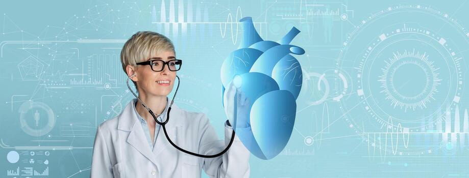 A healthcare professional in a lab coat is engaging with a virtual heart model while utilizing advanced technology. This setting showcases the fusion of innovation and modern medicine. photo
