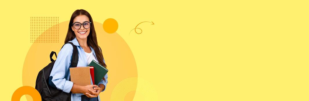 A student in a casual outfit stands confidently with a backpack, holding several books and smiling. The background features vibrant colors, creating a lively atmosphere suitable for learning. photo