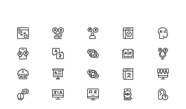 Linguistics Phonetics and Communication Line Icons featuring minimal, modern, and pixel-perfect illustrations. Ideal for academic, linguistic, and media-related use. vector