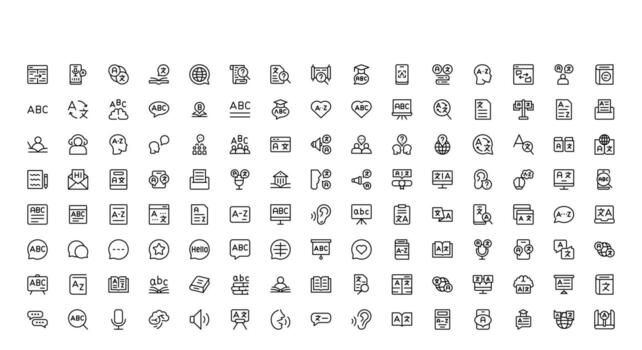 Minimal Linguistics and Language Icon Pack with professional, editable line illustrations. Ideal for translation, speech therapy, and communication projects. vector