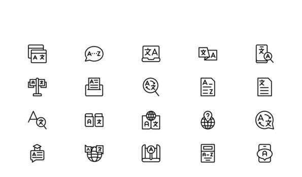 Language Science Line Icon Set in a simple, professional style. Editable and minimal graphics perfect for linguistics, education, and cultural contexts. vector