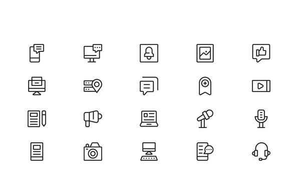 Digital Media and Communication Line Icon Pack with Modern Minimal Style for Broadcasting, Online Platforms, and Creative Industries vector