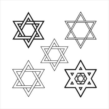 Collection of Stylized Star of David Illustrations Exploring Geometric Variations and Line Thickness on a White Background Representing Jewish Symbolism vector