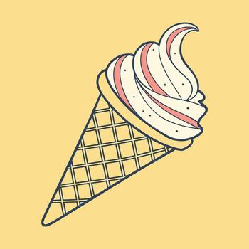 Illustration of a soft-serve ice cream cone with white and pink swirls on a cheerful yellow background vector