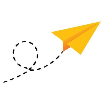 Yellow paper airplane flying with dashed line path vector