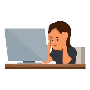 estresado niña participación cabeza en manos mientras trabajando en computadora vector