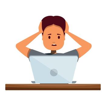 Stressed programmer holding head with hands at laptop, frustrated office worker dealing with computer problems vector
