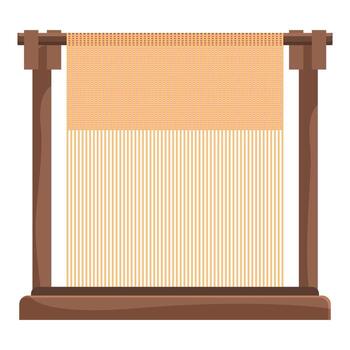 Wooden weaving loom creating beige fabric with vertical threads vector